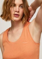 Women Peach Pepe Jeans Ribbed Armhole-Sleeved T-Shirt 60J40398 - Image 3