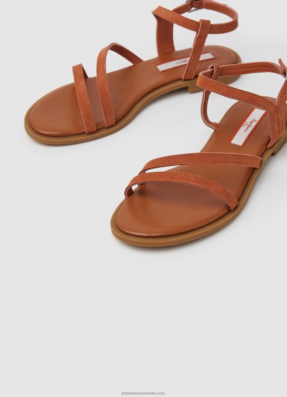 Women Rust Orange Pepe Jeans Hayes Folk Suede Flat Sandals 60J40667 - Image 3