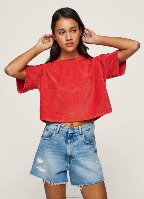 women_studio_red_pepe_jeans_cropped_fit_velvet_t_shirt_60j40460.jpg Women Studio Red Pepe Jeans Cropped Fit Velvet T-Shirt 60J40460 - Image 1