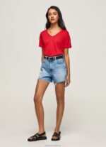 Women Studio Red Pepe Jeans Linen V-Neck T-Shirt 60J40465 - Image 2