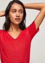Women Studio Red Pepe Jeans Linen V-Neck T-Shirt 60J40465 - Image 3