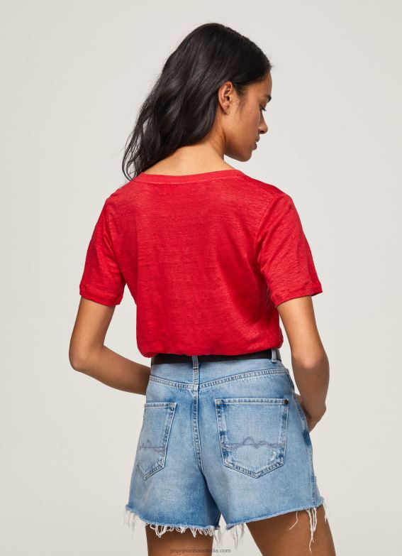 Women Studio Red Pepe Jeans Linen V-Neck T-Shirt 60J40465 - Image 4