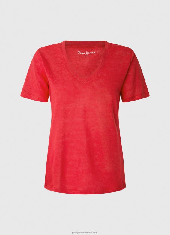 Women Studio Red Pepe Jeans Linen V-Neck T-Shirt 60J40465 - Image 5