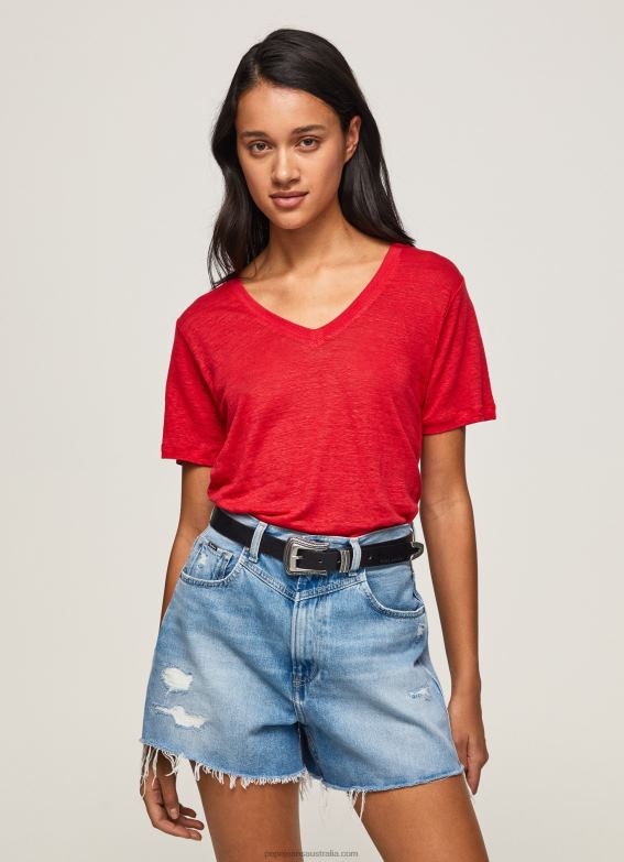 women_studio_red_pepe_jeans_linen_v_neck_t_shirt_60j40465.jpg Women Studio Red Pepe Jeans Linen V-Neck T-Shirt 60J40465 - Image 1