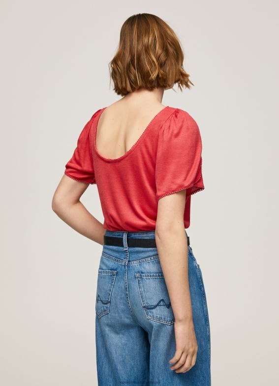 Women Studio Red Pepe Jeans Marbled Boat Collar T-Shirt 60J40435 - Image 4