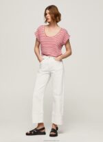 Women Studio Red Pepe Jeans Striped Print T-Shirt 60J40446 - Image 2