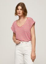 Women Studio Red Pepe Jeans Striped Print T-Shirt 60J40446 - Image 3