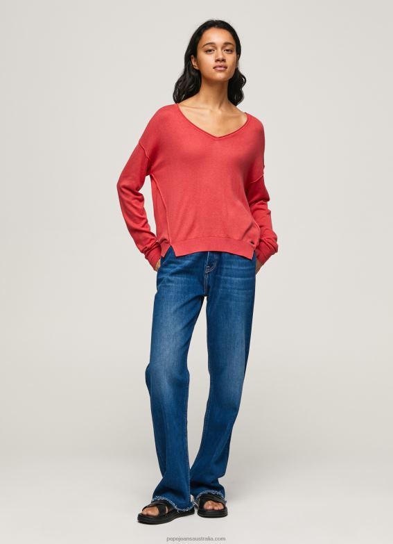 women_studio_red_pepe_jeans_v_neckline_relaxed_fit_jersey_60j40258.jpg Women Studio Red Pepe Jeans V Neckline Relaxed Fit Jersey 60J40258 - Image 1