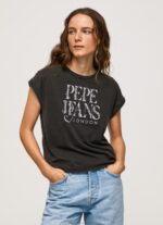 Women Washed Black Pepe Jeans Floral Logo Cotton T-Shirt 60J40403