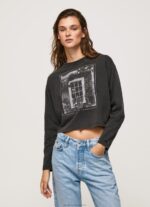 Women Washed Black Pepe Jeans Printed Long Sleeved T-Shirt 60J40427