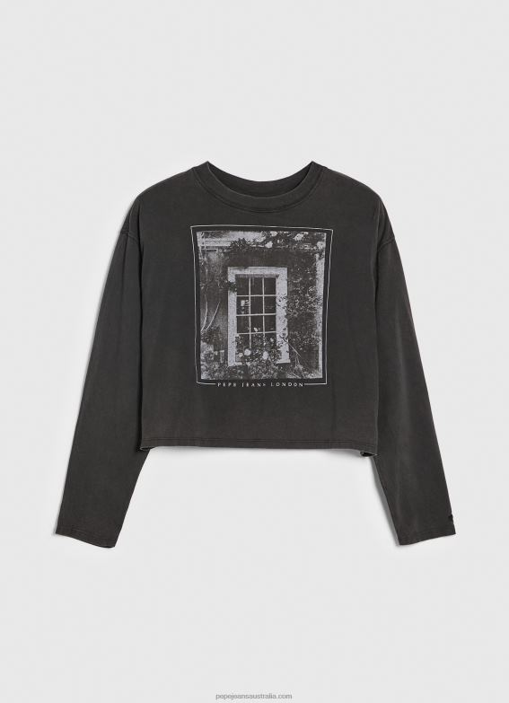 Women Washed Black Pepe Jeans Printed Long Sleeved T-Shirt 60J40427 - Image 5