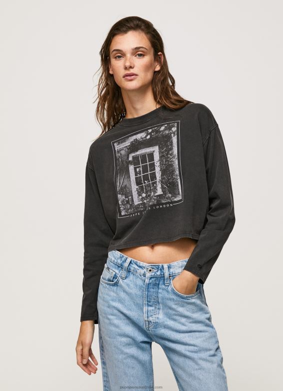 Women Washed Black Pepe Jeans Printed Long Sleeved T-Shirt 60J40427 - Image 1