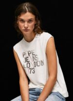 Women White Pepe Jeans Armhole Sleeves Logo T-Shirt 60J40418