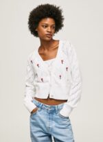 Women White Pepe Jeans Embroidered Flower Cotton Cardigan 60J40231