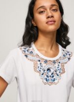 Women White Pepe Jeans Laced Collar T-Shirt 60J40449 - Image 3