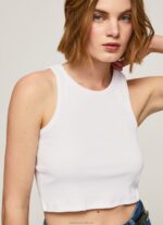Women White Pepe Jeans Ribbed Armhole Sleeved T-Shirt 60J40423 - Image 3