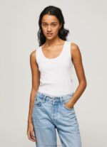 Women White Pepe Jeans Ribbed Armhole-Sleeved T-Shirt 60J40457 - Image 3