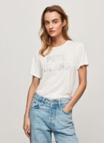 Women White Pepe Jeans Strass Print Logo T-Shirt 60J40451
