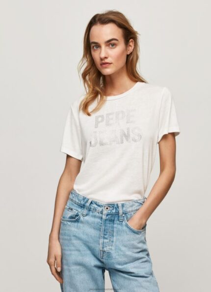 Women White Pepe Jeans Strass Print Logo T-Shirt 60J40451