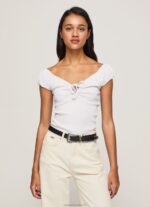 Women White Pepe Jeans Sweetheart Neckline T-Shirt 60J40462 - Image 3