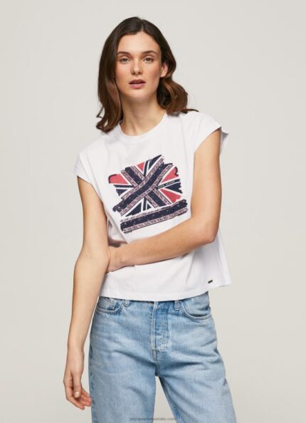 Women White Pepe Jeans Union Jack Printed T-Shirt 60J40415