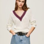 Women White Pepe Jeans V-Neck Crepe Jersey 60J40228